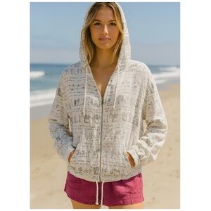 Vintage Garron 100% Linen Zip Hoodie Jacket Oversized Botanical Print USA Made M